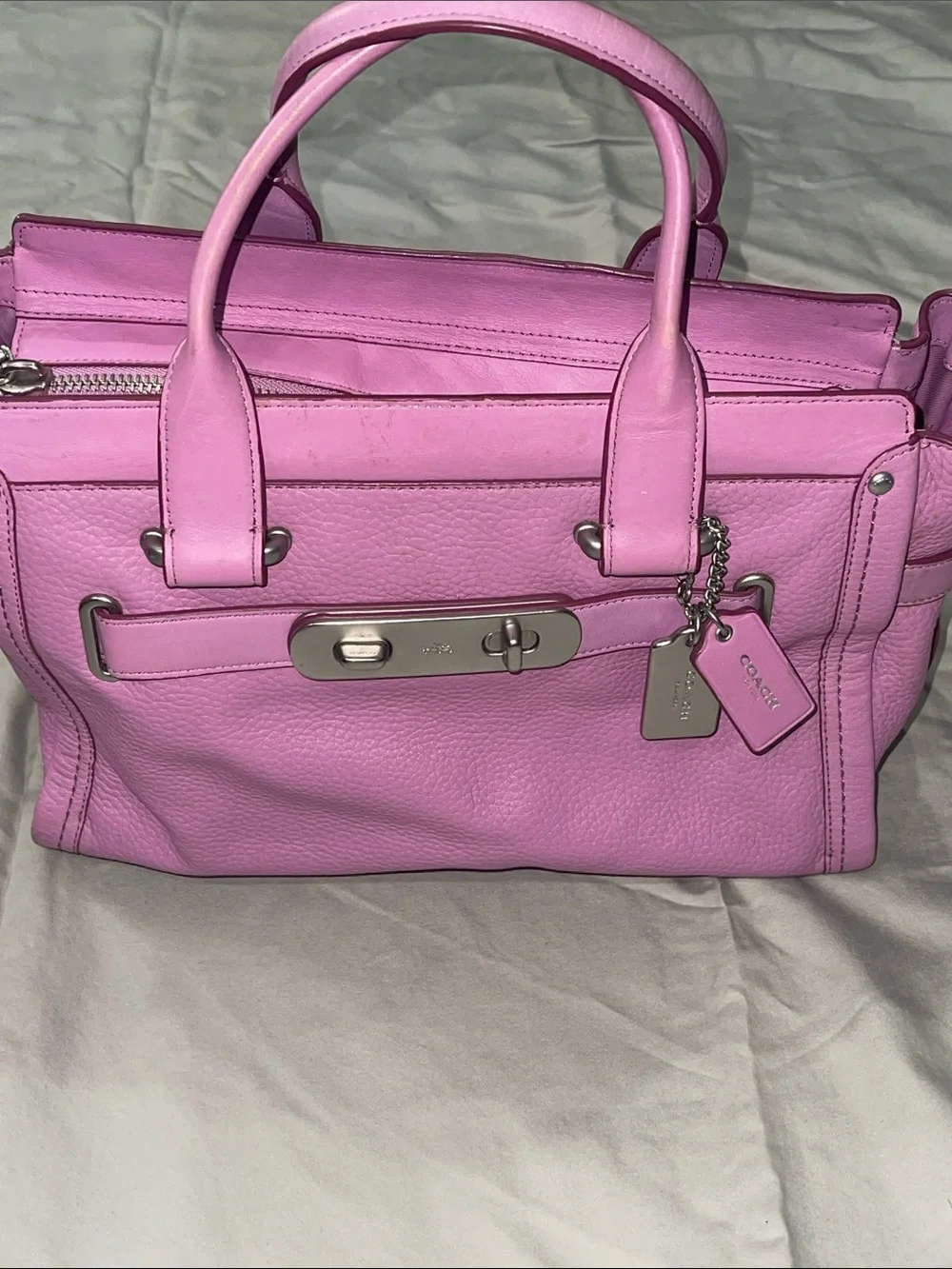 Coach Lilac Pebbled Leather Satchel with Silver Hardware